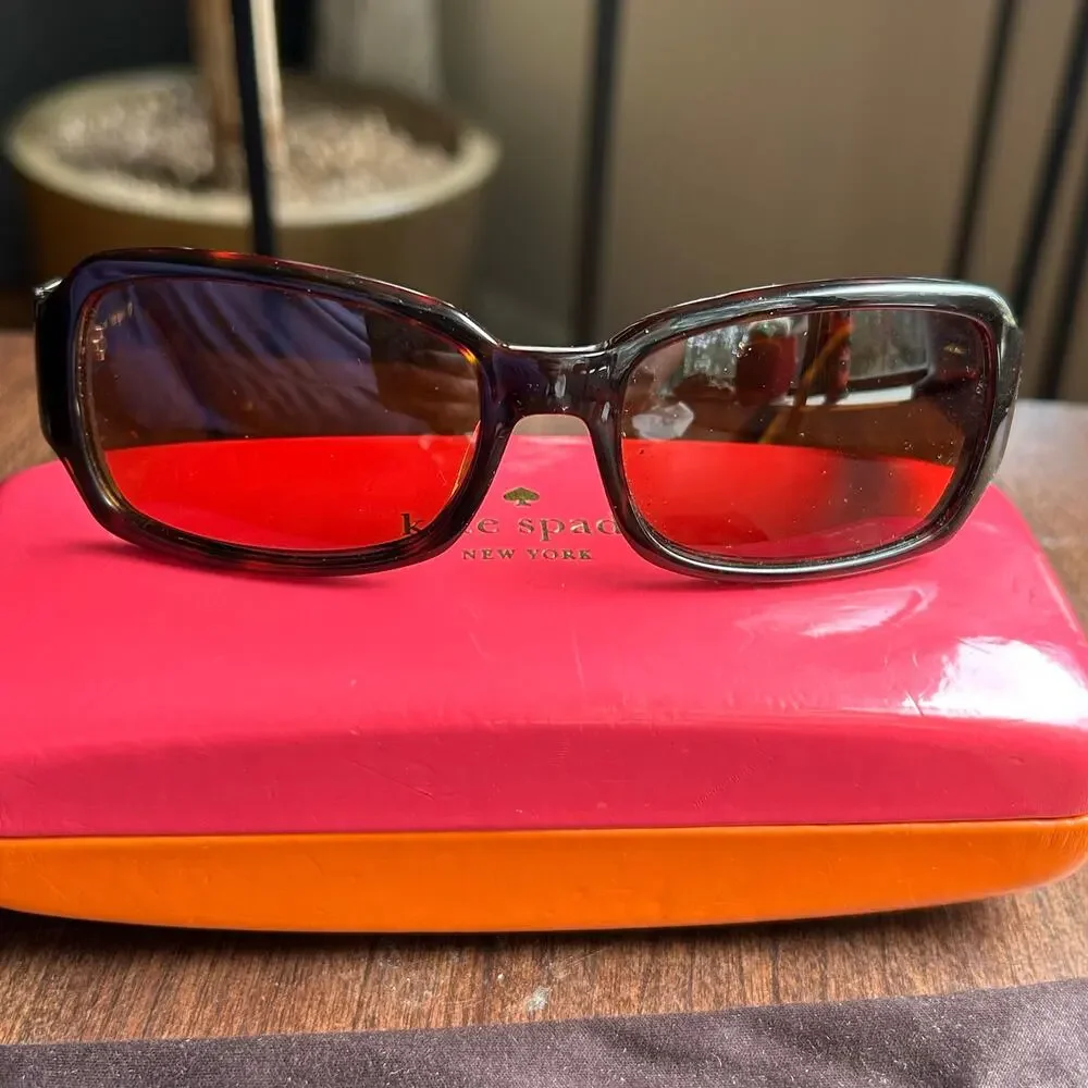 Kate Spade Tortoise Lucite Rectangle Sun Glasses Floral Temples FREDA